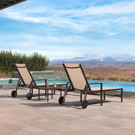 PURPLE LEAF Outdoor Chaise Lounge Chair Set of 2 with Armrests, Aluminum Patio Loungers with Wheels and Adjustable Backrest, Includes Side Table for Deck, Outside, Lawn, Garden, Light Tan