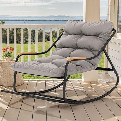 YITAHOME Patio Oversized Rocking Chair, Versatile Indoor/Outdoor Textilene Lounge with Soft Thick Cushion, Teak Armrests and Footrest, Ideal for Living Room, Porch, or Backyard