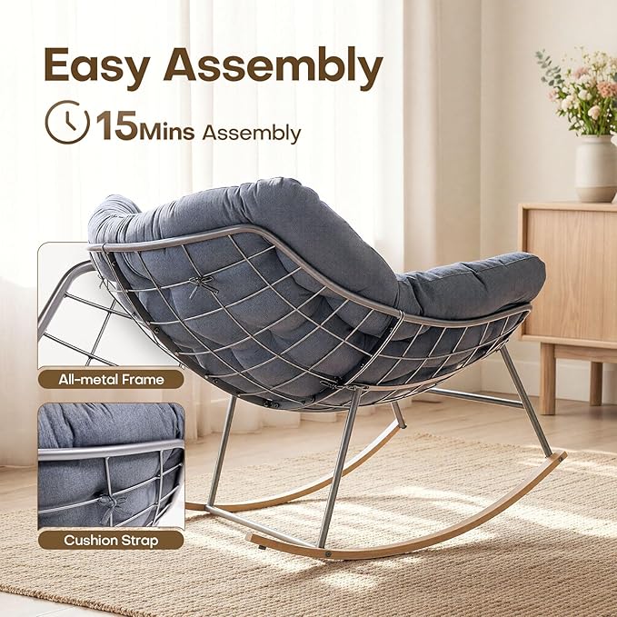 Oversized Outdoor Rocking Chair, Egg Patio Papasan Chair, Comfy Rocker Reading Lounge, for Porch, Garden, Bedroom, Living Room, Balcony, Indoor, Dark Gray