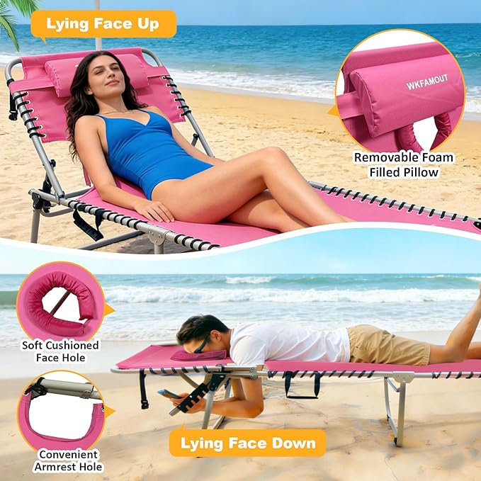 Backpack Sun Tanning Chair with Face Hole & Beach Table, 5-Position Adjustable Folding Lounge Chair Outdoor for Lawn Patio Garden