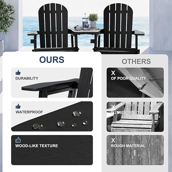 Vongrasig Adirondack Chairs Set of 2 with Removable Tabletop, All-Weather HDPE Outdoor Chair Set with Wooden Textured, Cup Holder for Patio, Poolside, Deck, Garden, Black