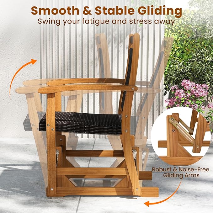 Tangkula Patio Rattan Glider Chair, Swing Gliding Rocker w/Acacia Wood Frame & Wicker Seat Back, Outdoor Rocking Armchair w/Curved Armrests for Porch, Backyard, Poolside (1 Seat-2 Pack)
