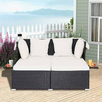 RELAX4LIFE Patio Outdoor Daybed with Canopy, Wicker Sunbed w/Cushions, 4 Pillows & 2 Retractable Side Trays, 2-Person Lounge Bed Conversation for Poolside Porch Garden, Rattan Outdoor Bed (Off White)