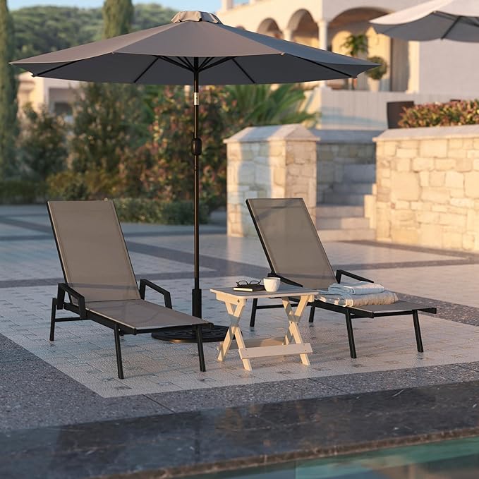 Flash Furniture Brazos Adjustable Chaise Lounge Chair with Arms, All-Weather Outdoor Five-Position Recliner, Black/Brown