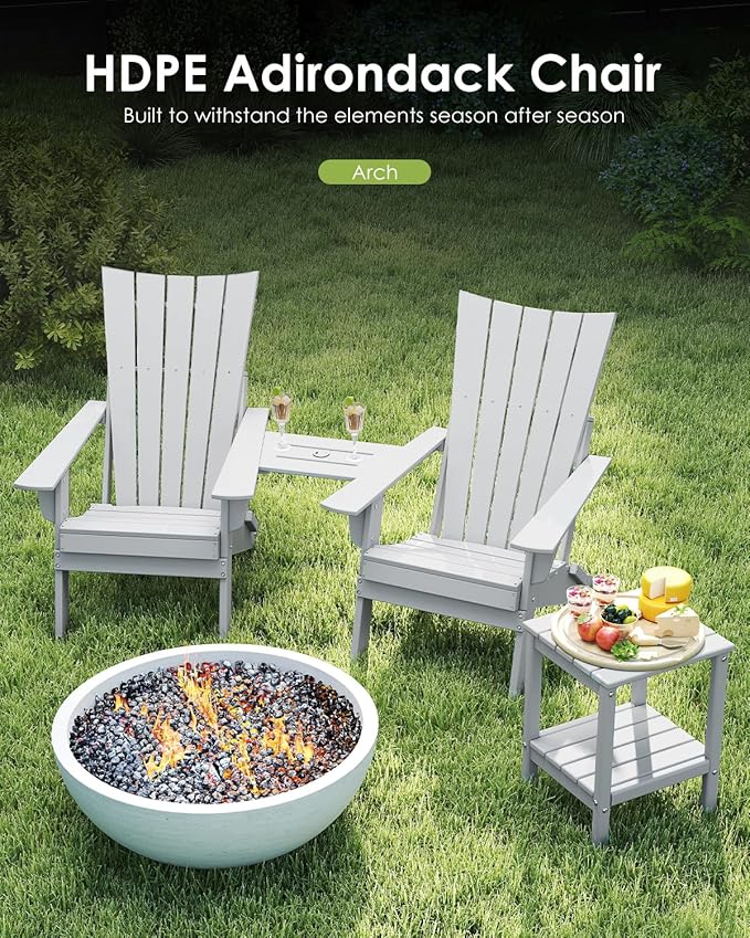GREENVINES Folding-Adirondack-Chairs-Set-of-2 | HDPE Plastic | Arch Series | Fire Pit Chair | with Connecting Tray | Removable Table | All Weather | for Outdoor Patio Deck Poolside | White