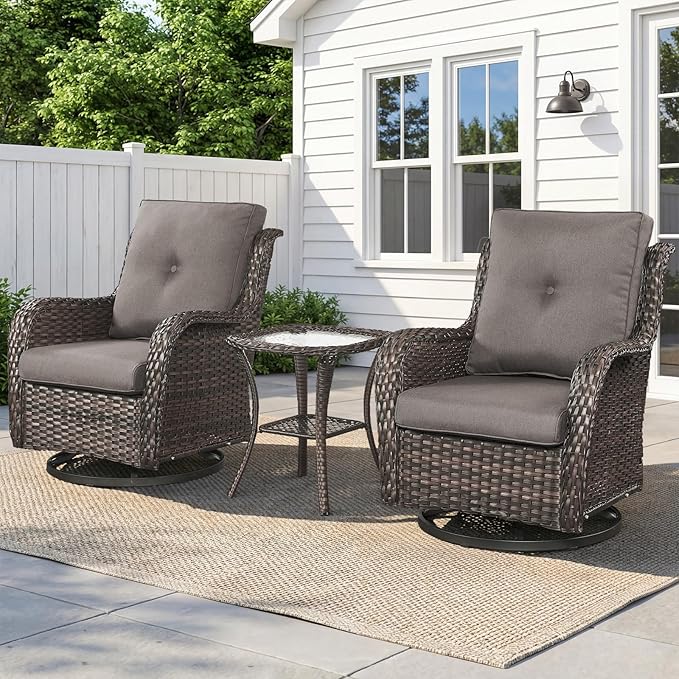 Belord Patio Wicker Chairs Swivel Rocker,Outdoor Patio Furniture Set with Rattan Side Table, All Weather Conversation Set for Porch Poolside Balcony, Brown Wicker/Gray