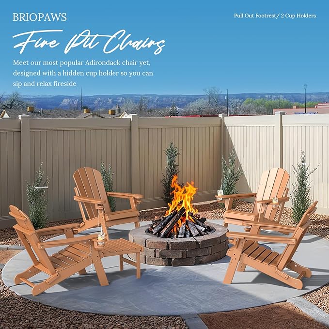 BRIOPAWS Adirondack-Chairs-with-Pull-Out-Footrest | Set of 2 | Folding | HDPE Plastic | Fire Pit Chair | All Weather | Cup Holders | Curved Back | Retractable Ottoman | for Poolside Deck | Teak