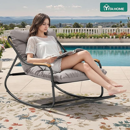 YITAHOME Patio Oversized Rocking Chair, Versatile Indoor/Outdoor Textilene Lounge with Soft Thick Cushion, Teak Armrests and Footrest, Ideal for Living Room, Porch, or Backyard