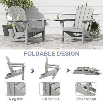 FOOWIN Folding Adirondack Chair, HDPE Adirondack Chairs with Cup Holder, Weather Resistant Plastic Fire Pit Chairs for Outdoor, Patio, Lawn, Garden, Backyard, Deck, White Grey