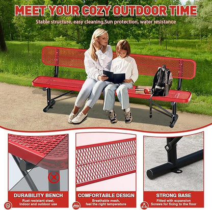 Heavy Duty Park Bench for Outside, Metal Park Bench with Back Portable Frame, Outdoor Steel Mesh Garden Bench with Backrest for Garden, Lawn, Patio, Porch, Park, Yard (Red, 8FT/95INCH)