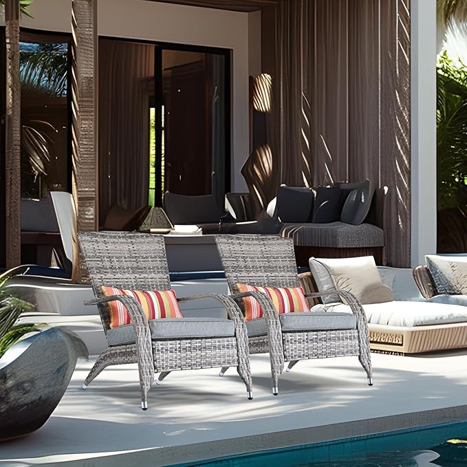 Outdoor Wicker Adirondack Chairs Set 2 Rattan Fire Pit Chairs Oversized Comfy Relax Accent Patio Chairs with Soft Cushion Low Deep Seating Tall Curved Backrest for Outside Backyard Deck Porch Grey