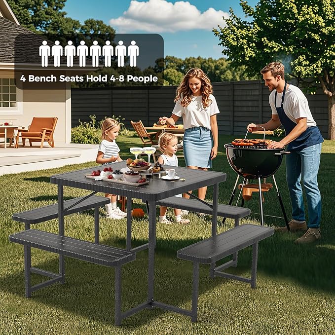 Giantex Picnic Table Bench Set for 4-8 People, 34" Outdoor Square Dining Table & 2 Benches w/Umbrella Hole - Photo 3