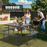 Giantex Picnic Table Bench Set for 4-8 People, 34" Outdoor Square Dining Table & 2 Benches w/Umbrella Hole - Photo 3