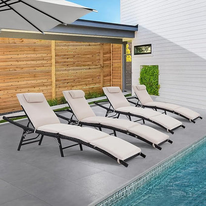 Patio Chaise Lounges Set of 4 with Adjustable Backrest and Removable Thick Cushions, 4 Pieces Patio Lounge Chairs Outdoor Folding Cushioned Patio Seating for Poolside Backyard Porch Pool