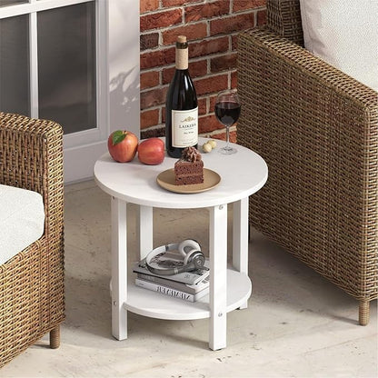 HDPE Outdoor Side Table for Patio, 18.1-Inch Weatherproof Small Outdoor Table for Adirondack, 2-Tier Round End Table for Garden Backyard Porch Deck Balcony Poolside, White