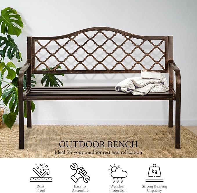 AJP Distributors 50" Outdoor Bench Garden Bench with Diamond Pattern Steel Metal Frame Park Bench Cast Iron Backrest Armrests for Patio Lawn Yard Deck Front Porch Backyard Driveway Balcony Furniture