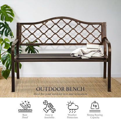 AJP Distributors 50" Outdoor Bench Garden Bench with Diamond Pattern Steel Metal Frame Park Bench Cast Iron Backrest Armrests for Patio Lawn Yard Deck Front Porch Backyard Driveway Balcony Furniture