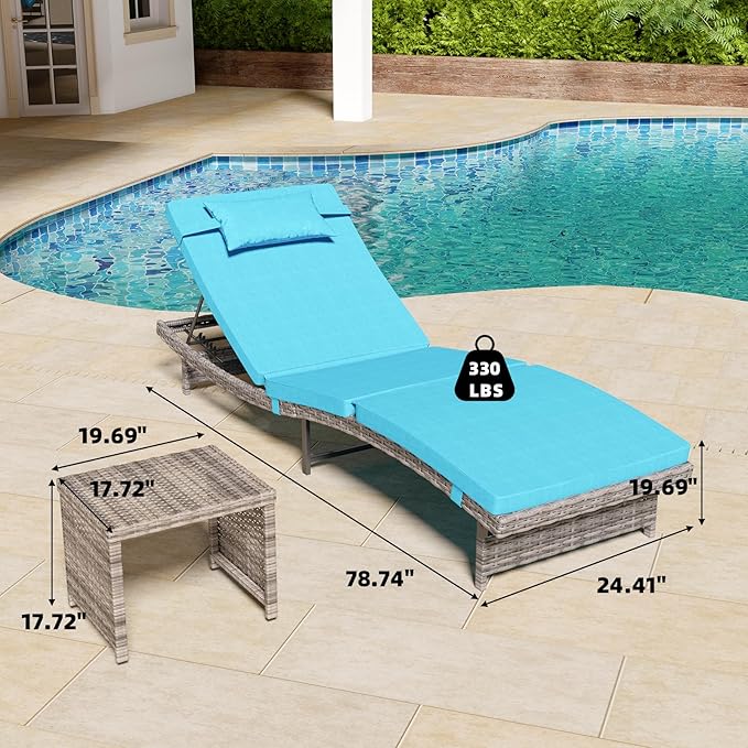 Long Reclining Chair Lounge Set (Set of 3), Modern Outdoor Patio Furniture with Adjustable Backrest & Side Table, Durable PE Wicker, Weather-Resistant Cushions, Blue