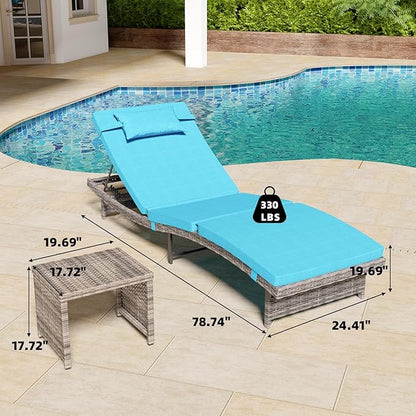 Long Reclining Chair Lounge Set (Set of 3), Modern Outdoor Patio Furniture with Adjustable Backrest & Side Table, Durable PE Wicker, Weather-Resistant Cushions, Blue