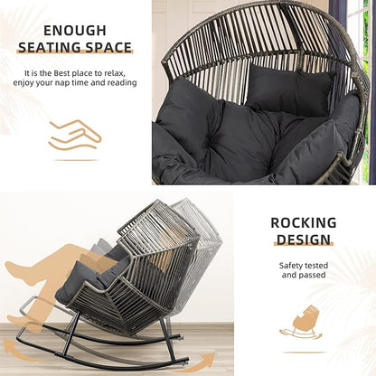 Vongrasig Wicker Rocking Egg Chair PE Rattan with Cushion, Oversized Patio Lounge Rocker Chair for Outdoor, Indoor, Balcony, Backyard, Garden, Black/Rattan