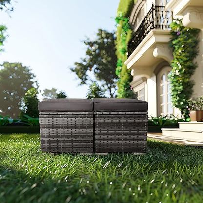 2-Pieces Patio Rattan Ottomans，All-Weather Rattan Wicker Multipurpose Outdoor Furniture for Patio, Backyard, Additional Seating, Footrest, Side Table w/Storage, Removable Cushions (Grey)