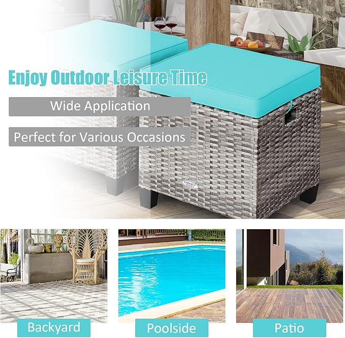 Tangkula 2 Pieces Patio Rattan Ottomans, Outdoor Wicker Footstool Footrest Seat with Soft Cushions and Steel Frame - Photo 9