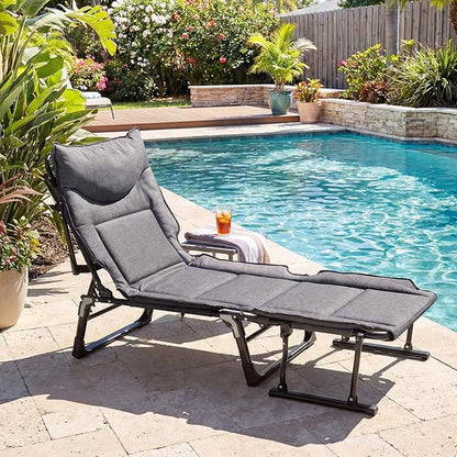 Tangkula 3 in 1 Lounge Chair Outdoor with Cushion, Patio Folding Chaise Lounge Chair with 6-Position Adjustable Backrest & Headrest, Heavy Duty Metal Frame for Pool Lawn Deck Camping
