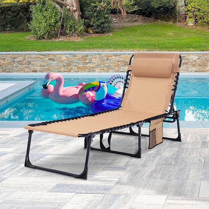 Folding Chaise Lounge Chair Bed Set of 2 - Heavy-Duty 400lb Capacity Portable Adjustable Recliner w/Pillow for Patio - Photo 2