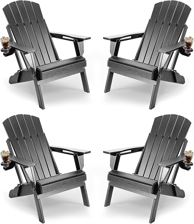 Adirondack Chair with Cup Holder: Adirondack Chairs set of 4 Plastic HDPE Material Furniture - Composite Fire Pit Chairs Foldable for Outdoor/Backyard/Garden/Lawn/Deck/Porch/Patio