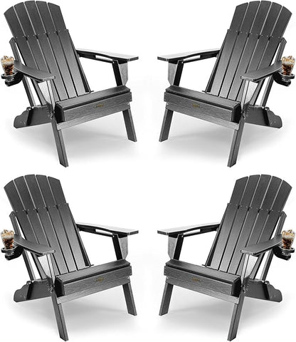 Adirondack Chair with Cup Holder: Adirondack Chairs set of 4 Plastic HDPE Material Furniture - Composite Fire Pit Chairs Foldable for Outdoor/Backyard/Garden/Lawn/Deck/Porch/Patio