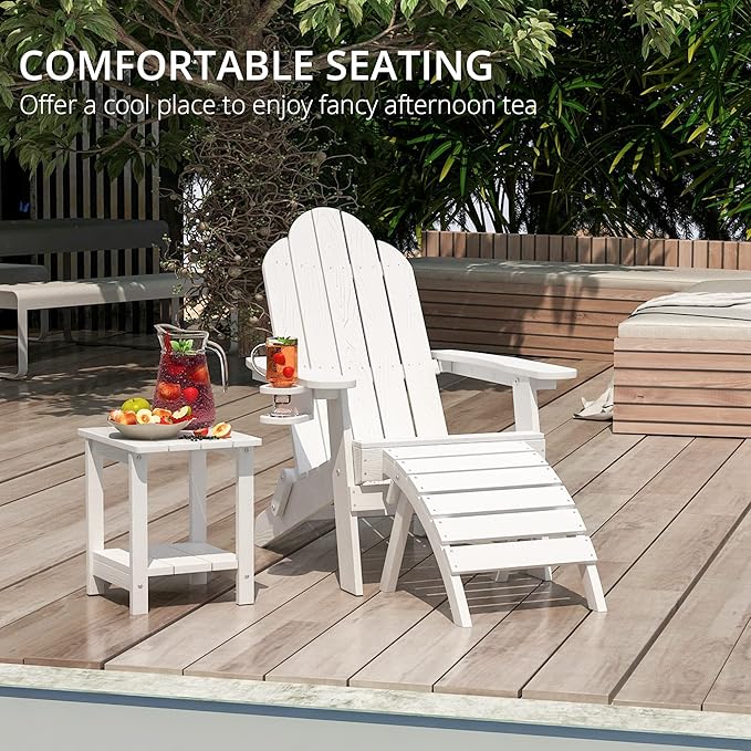 LUE BONA HDPS Folding Adirondack Chair Set of 5, 350lbs Capacity Heavy Duty Outdoor Chair for Patio Balcony Deck, One-Step Space-Saving Folding, Weatherproof Realistic Wood Grain Fire Pit Chair, White