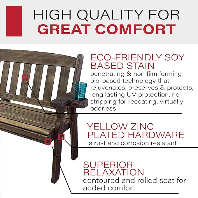 Amish Casual Heavy Duty 800 Lb Mission Pressure Treated Garden Bench with Cupholders (5 Foot, Dark Walnut Stain)