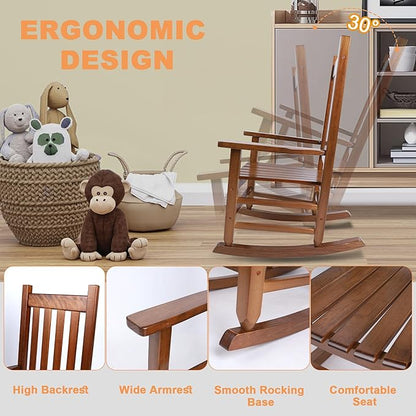 Kids Rocking Chair for Toddler and Children Comfy Recliner Wooden Rocker for Baby Girls Outdoor Lounge for Age 6-10 Indoor Anti-Tip Design Safe & Sturdy Brown