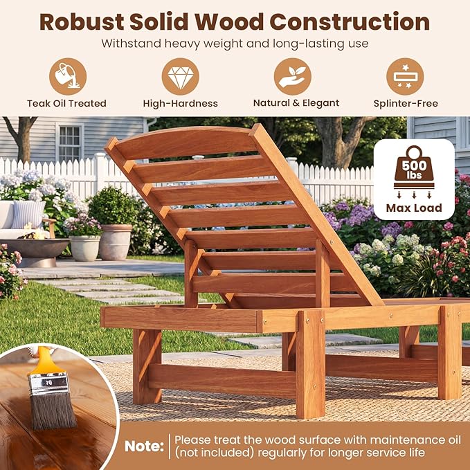 COSTWAY Solid Wood Chaise Lounge, Outdoor Lounge Chair with 5-Position Adjustable Backrest, Wooden Patio Lounger for Sunbathing, Yard, Teak Oil Finished (2)