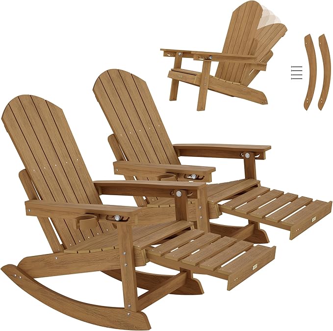 YEFU Outdoor Rocking Chairs Set of 2, Adirondack Chair with Retractable Ottoman, Adjustable Adirondack Rocking Chair,Rockings Chairs Outside,Weather Resistant,for Patio,Porch,Lawn,Heavy Duty,Walnut