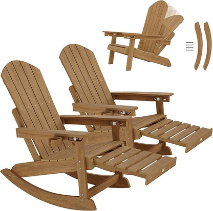 YEFU Outdoor Rocking Chairs Set of 2, Adirondack Chair with Retractable Ottoman, Adjustable Adirondack Rocking Chair,Rockings Chairs Outside,Weather Resistant,for Patio,Porch,Lawn,Heavy Duty,Walnut
