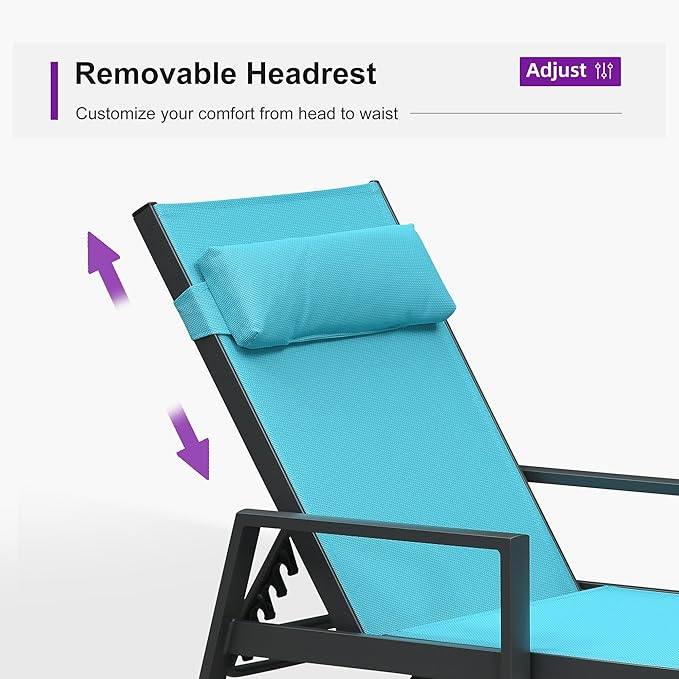 PURPLE LEAF Patio Lounge Chair Set of 3 Outdoor Chaise Lounger Aluminum Frame with Armrest Side Table and Wheels for Pool Outside Sunbathing Tanning Recliner Including Pillows Turquoise Blue