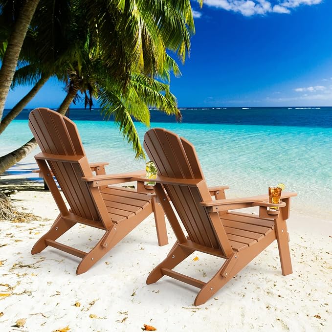 FUNBERRY Folding Adirondack Chair Set of 2, HDPE All Weather Fire Pit Chairs with Cup Holder for Outdoor