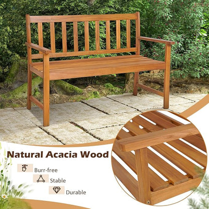 RELAX4LIFE Outdoor Bench Acacia Wood - 2-Person Garden Bench w/800 Lbs Weight Capacity, Slatted Wooden Loveseat w/Backrest & Armrests, Patio Park Chair for Front Porch Poolside Park Backyard (48'')