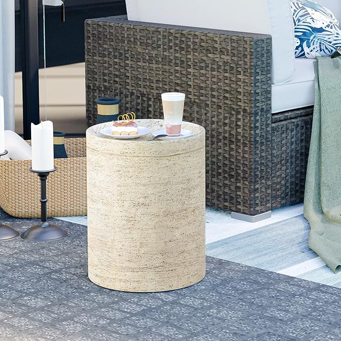 HOMPUS Round Outdoor Side Table, Rustic Modern Vintage Patio End Table - Photo 1