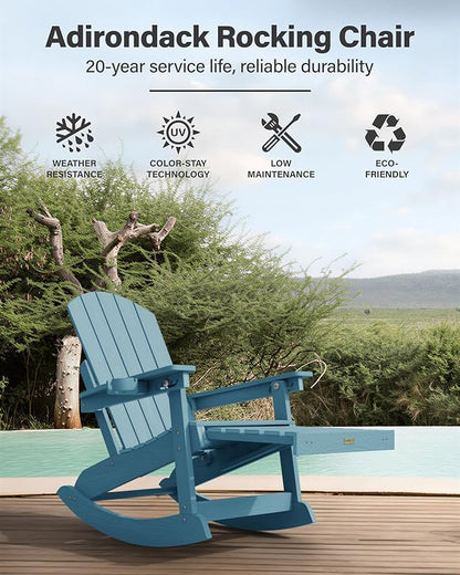 YEFU Adirondack Chairs with Retractable Ottoman: Oversize Adirondack Rocking Chairs - 5-Level Adjustable High Back - Outdoor Rocker with Cup Holder for Porch/Gardens/Lawn/Patio/Backyard/Blue