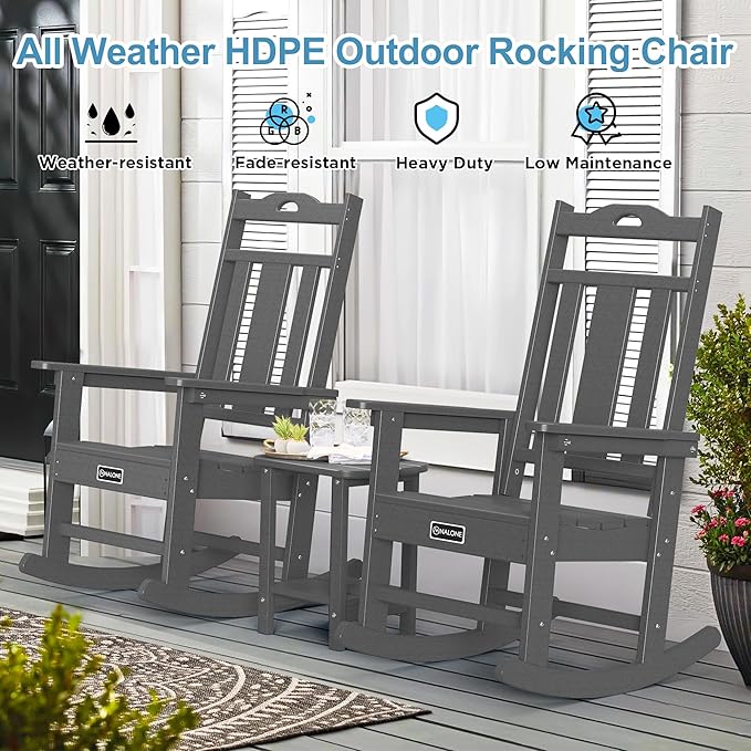 nalone Outdoor Rocking Chairs Set of 2, Oversized Porch Rocker Chair for Adult, All-Weather Resistant Patio Rocking Chair for Garden Lawn(Grey)
