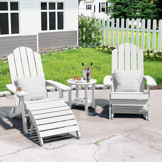 MXIMU Folding Adirondack Ottoman Set of 4: HIPS Plastic Outdoor Footrest Easy Assembly - All Weather Foot Stool Foot Rest for Adirondack Chair Use in Patio Garden Backyard Pool (White)