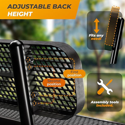 Heavy-Duty Outdoor Metal Bench, Thermoplastic-Coated, Surface, Weatherproof, Commercial-Grade for Parks, Gardens, Patios, Stores & More (6 Ft - Surface with Back, Black)