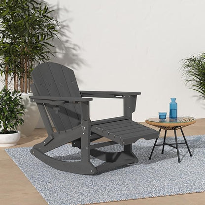 KINGYES Adirondack Rocking Chair Set of 4 with Retractable Ottoman and Cup Holders, HDPE Adirondack Rocker Patio Rocking Chair for Porch, Patio, Balcony, Leaden Grey
