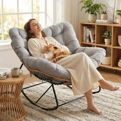 TLSUNNY Outdoor Papasan Rocking Chair, Oversized Padded Lounge Rocker with Cushion, Comfy Wicker Egg Lounge Chair, Large Indoor Rocking Recliner for Living Room/Porch/Garden (Grey)