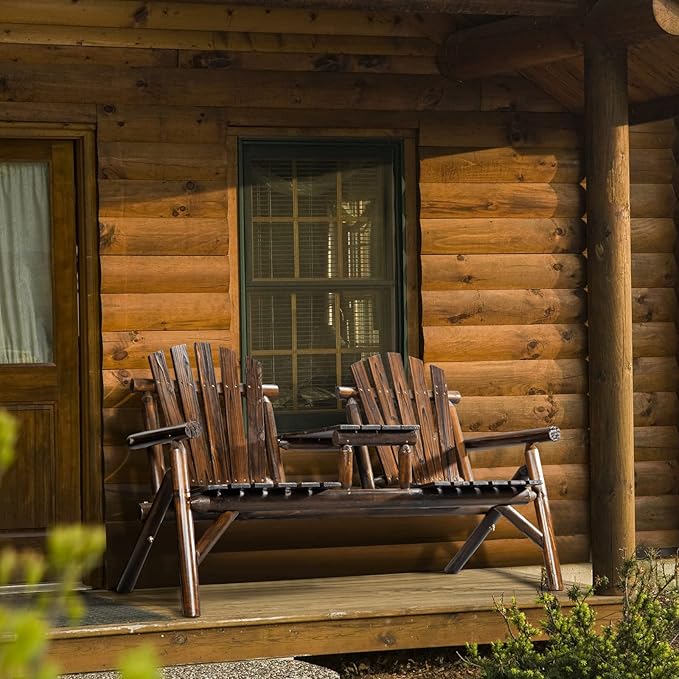 VINGLI Outdoor Adirondack Bench with Built-in Table, Wood Garden Bench for Porch, Yard, Garden, Patio, Deck, Firepit, Pool