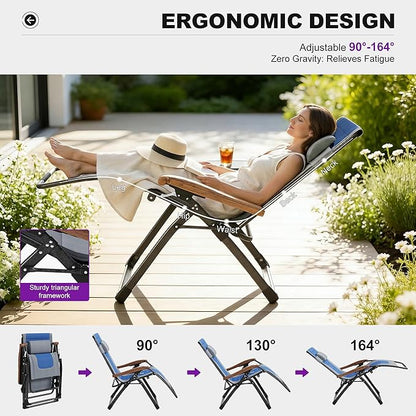 PURPLE LEAF Oversized Outdoor Reclining Chair Patio Zero Gravity Chaise Lounge Folding Chair with Quilted Cushion Adjustable Headrest for Lawn Camping Beach Pool Grey and Navy Blue