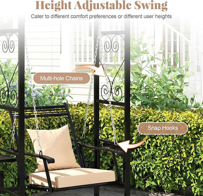 Tangkula Porch Swing with Stand, Outdoor Patio Swing with Heavy-Duty Metal Frame, Arch Trellis, Removable Cushions, Side Tables, Armrests for Garden, Balcony, Backyard and Poolside