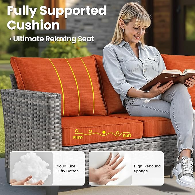 ovios Patio Furniture Set, 7 Pieces Outdoor Wicker Sofa Couch with Swivel Rocking Chairs Glass Table Comfy Cushions - Photo 6